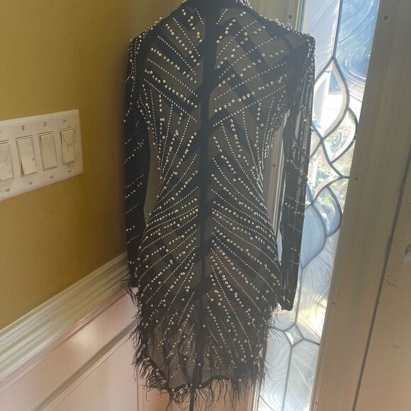 Unbranded Luxury Rhinestones & Pearls Feather Mini dress feather accents Size S - Picture 6 of 16